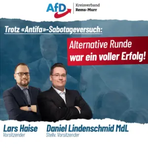 Trotz Antifa-Sabotageversuch: AfD Rems-Murr führt erfolgreich Alternative Runde an neuem Veranstaltungsort durch