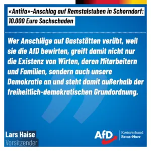 AfD verurteilt „Antifa“-Angriff auf Remstalstuben durch Linksextremisten scharf